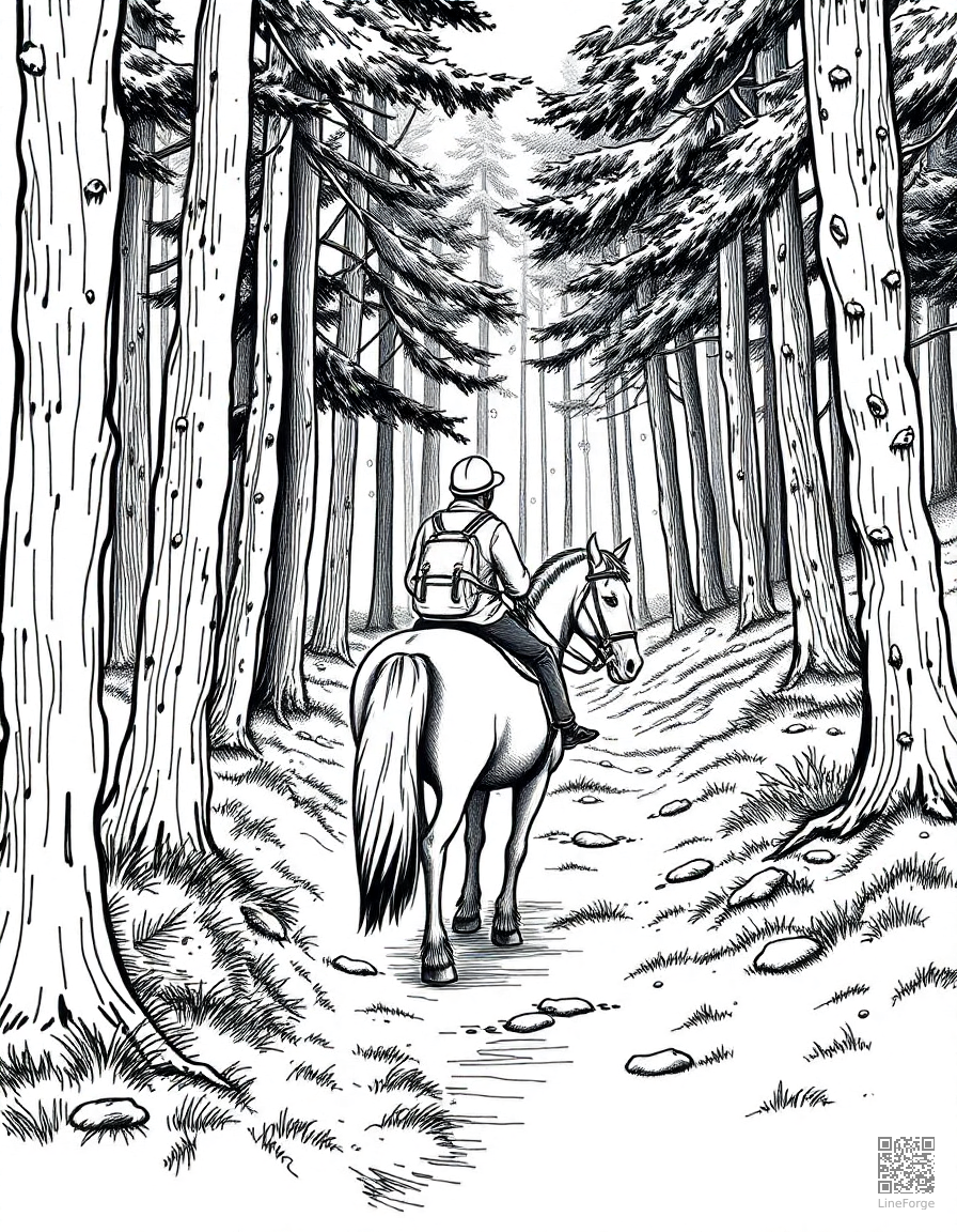horse and rider exploring a forest trail coloring page Crosshatch style - free printable