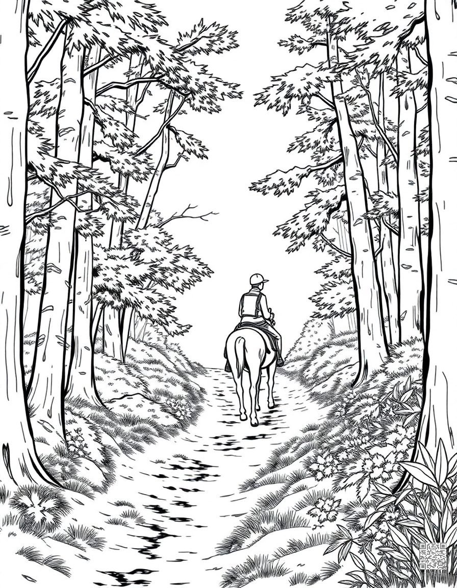 horse and rider exploring a forest trail coloring page Manga style - free printable