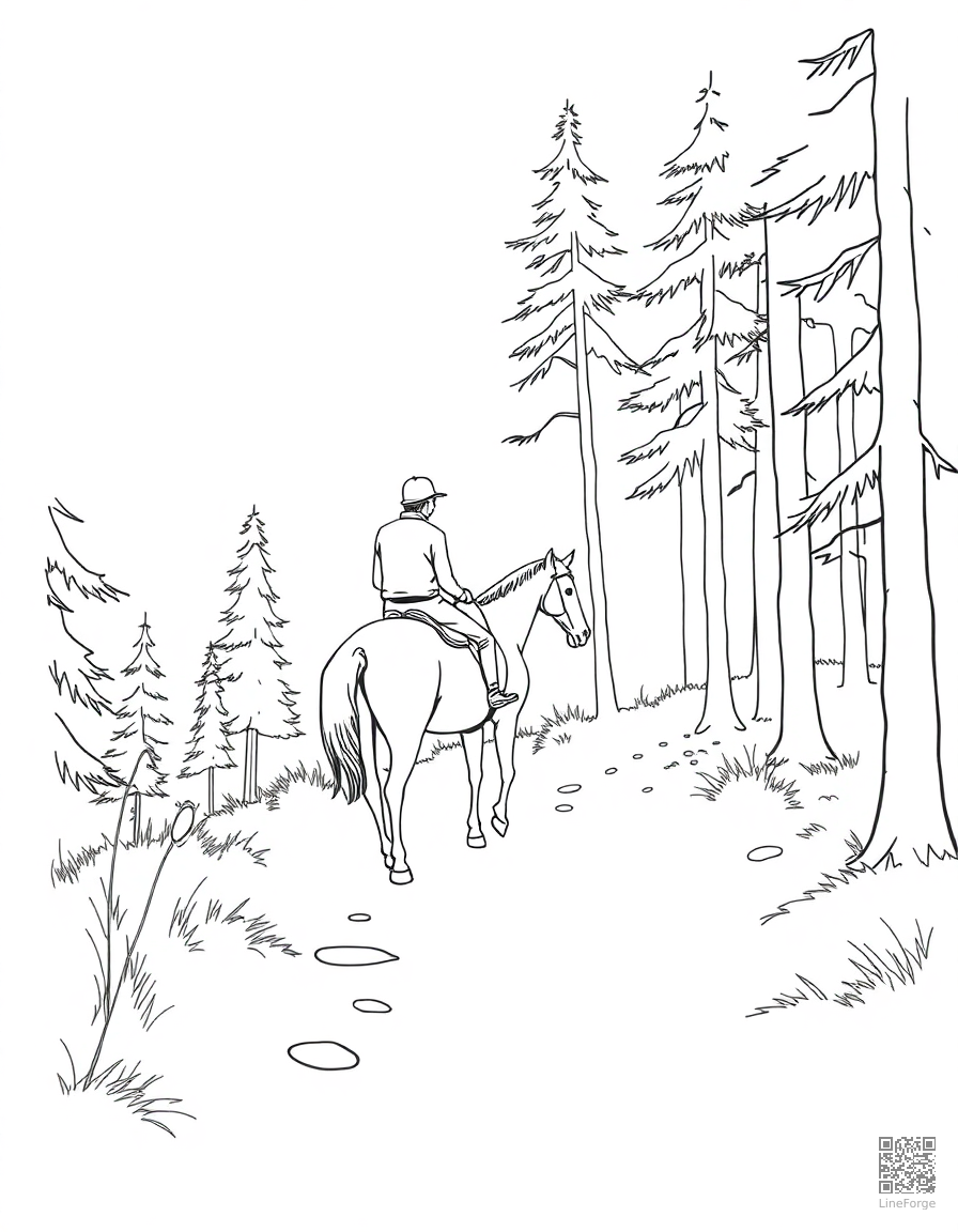 horse and rider exploring a forest trail coloring page Minimal style - free printable