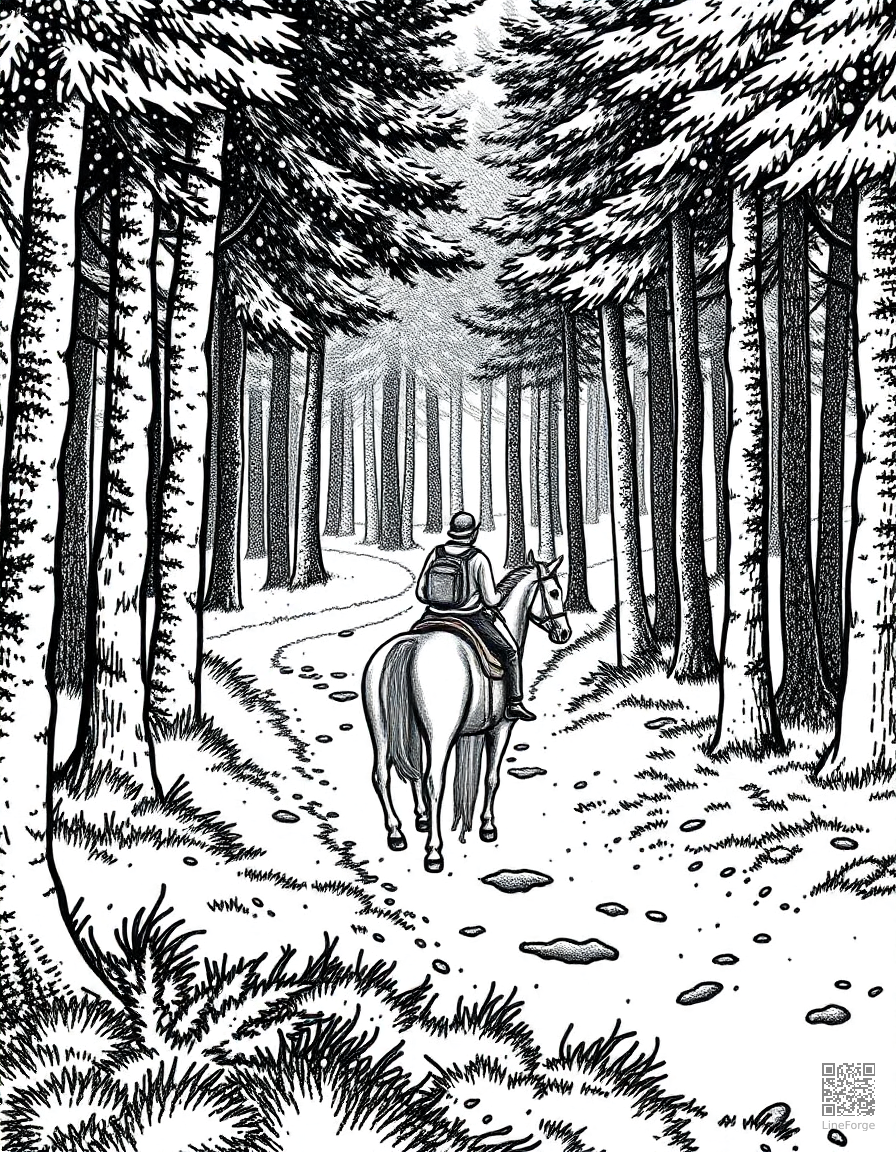 horse and rider exploring a forest trail coloring page Stipple style - free printable