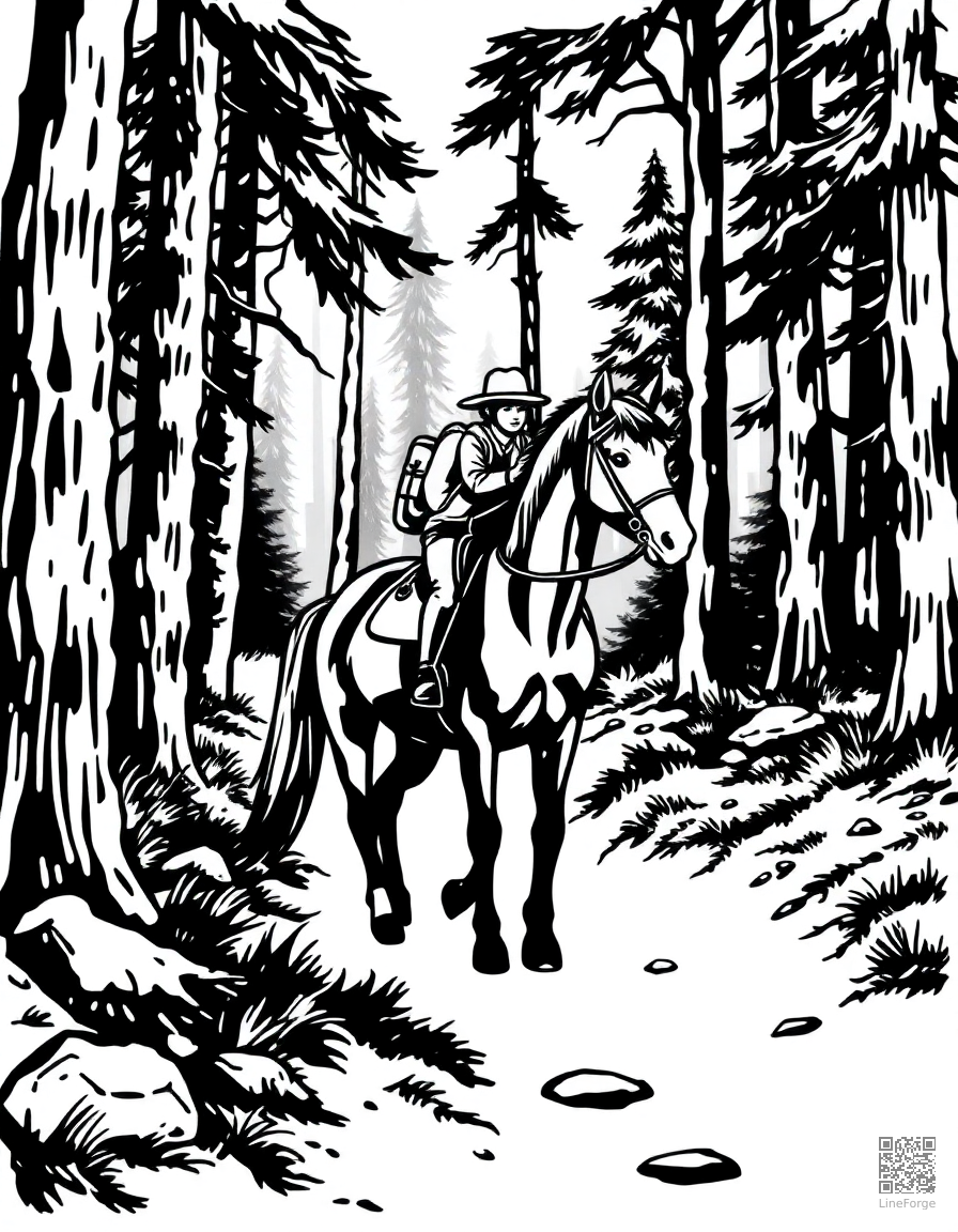 horse and rider exploring a forest trail coloring page Woodcut style - free printable