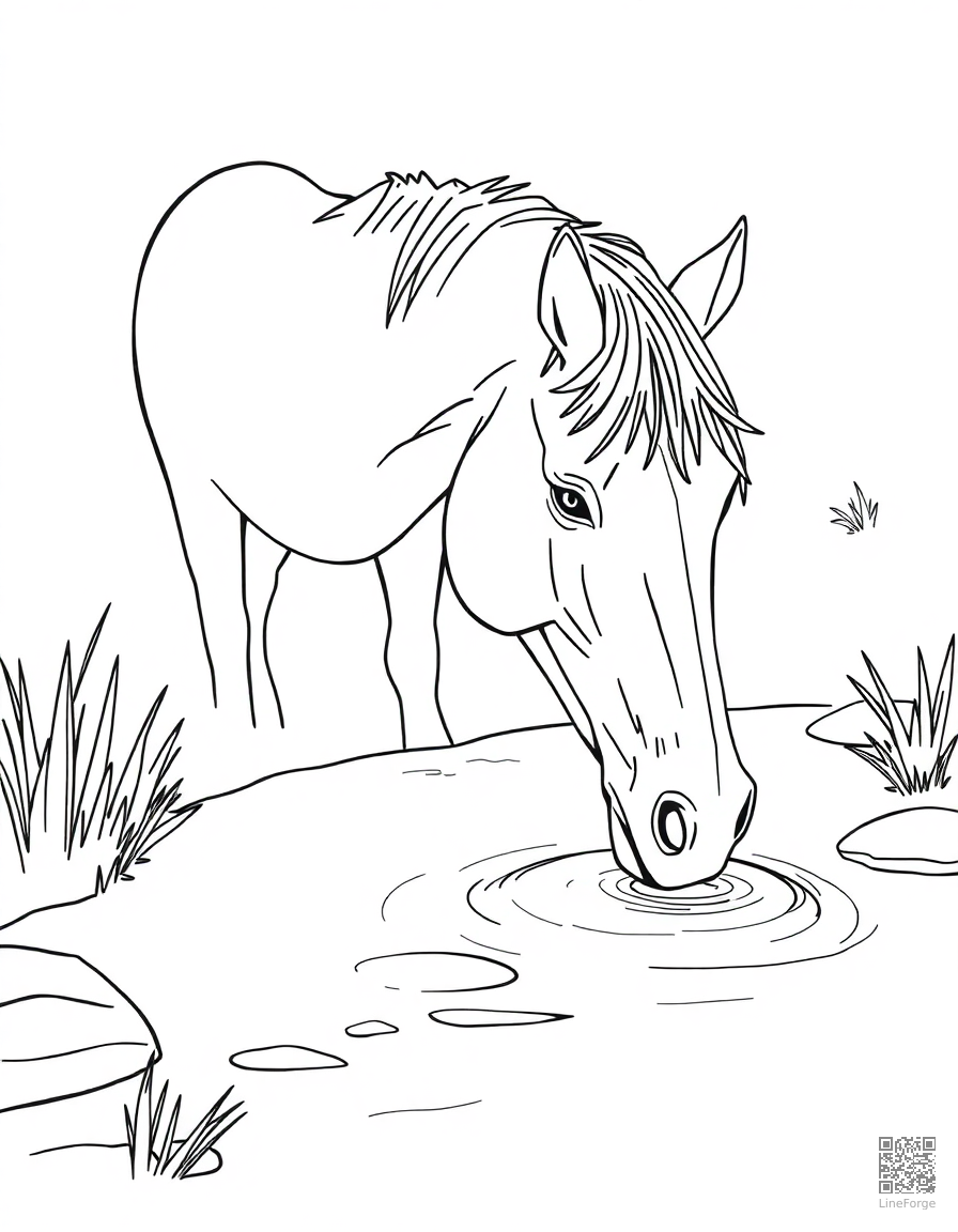 horse drinking from a crystal clear stream coloring page Contour style - free printable