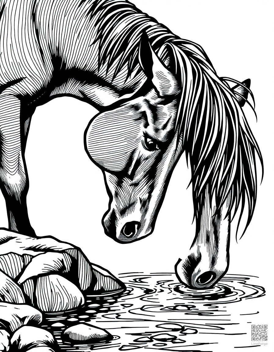 horse drinking from a crystal clear stream coloring page Crosshatch style - free printable