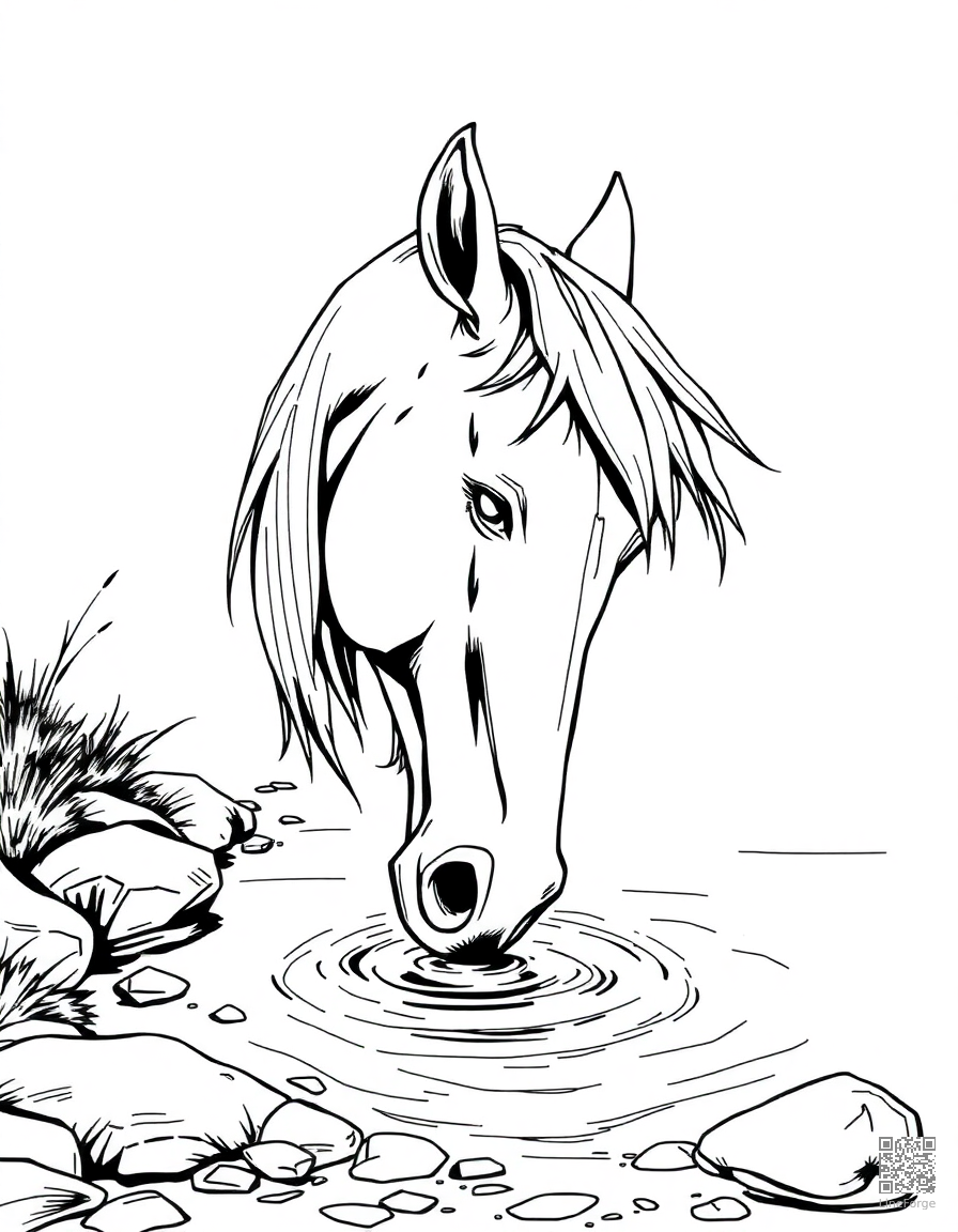 horse drinking from a crystal clear stream coloring page Manga style - free printable