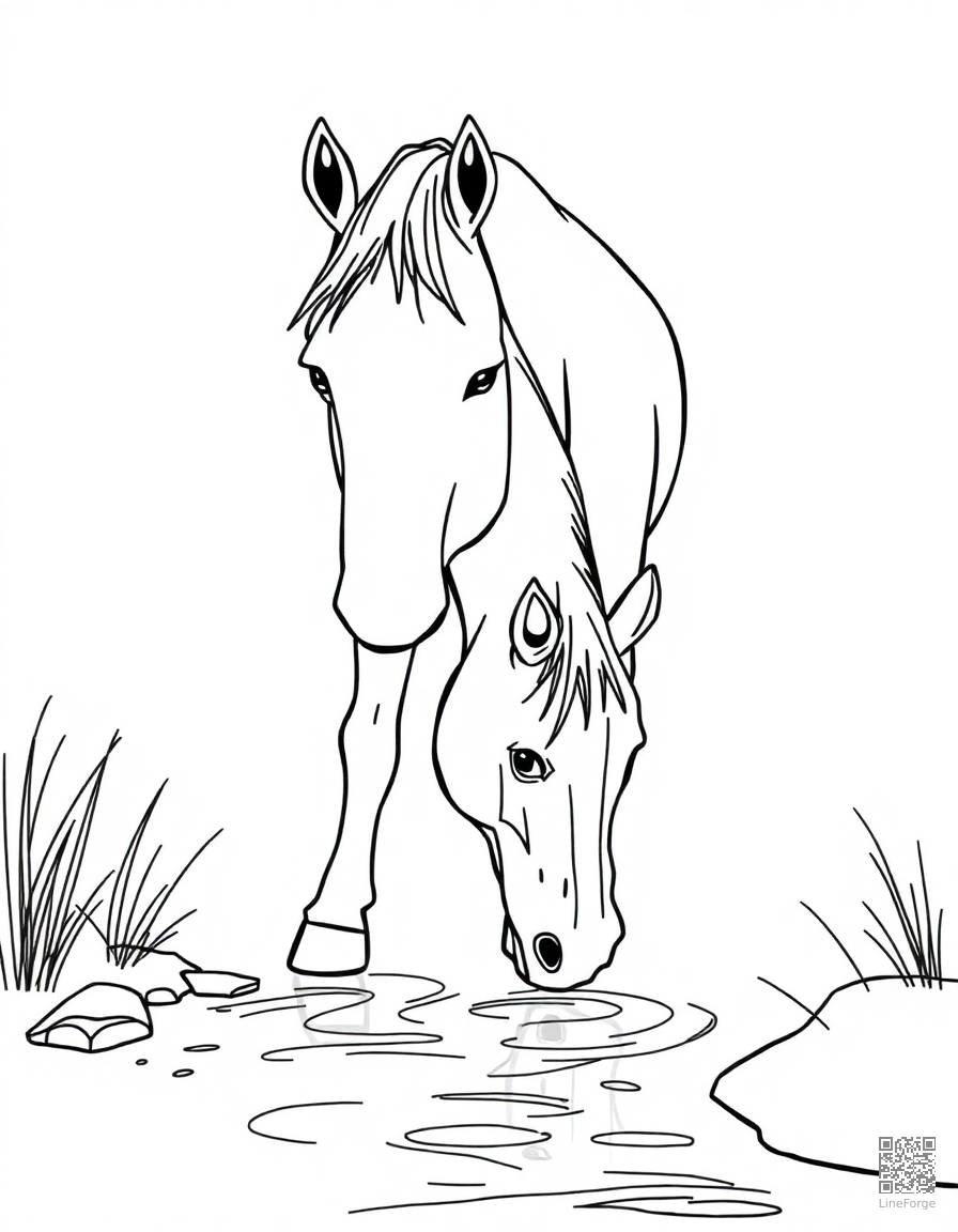 horse drinking from a crystal clear stream coloring page Minimal style - free printable