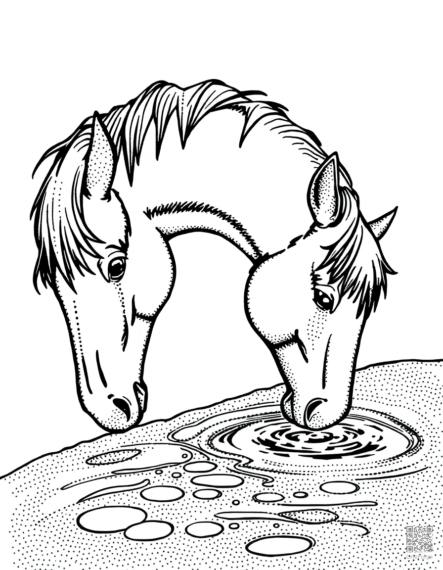 horse drinking from a crystal clear stream coloring page Stipple style - free printable