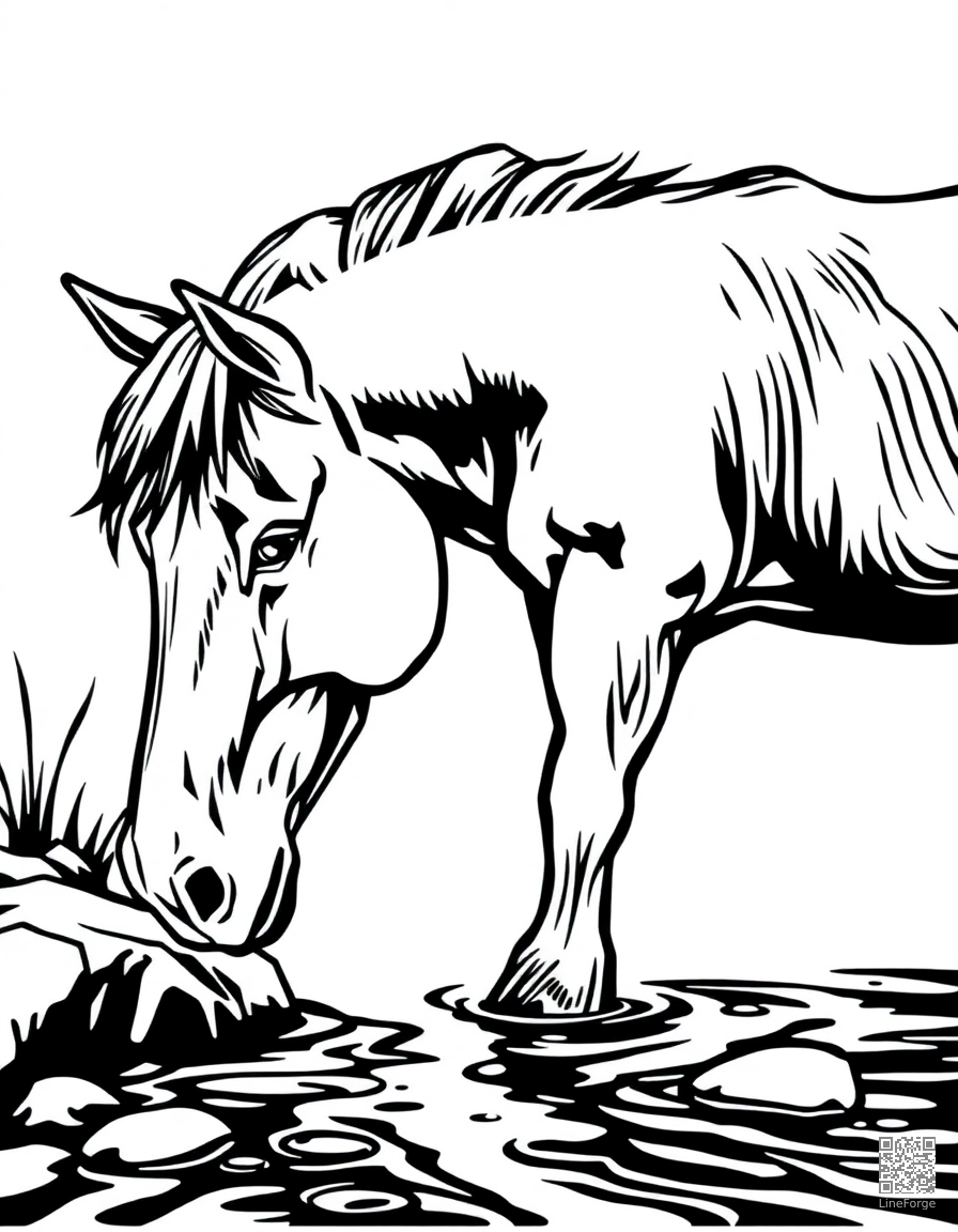 horse drinking from a crystal clear stream coloring page Woodcut style - free printable