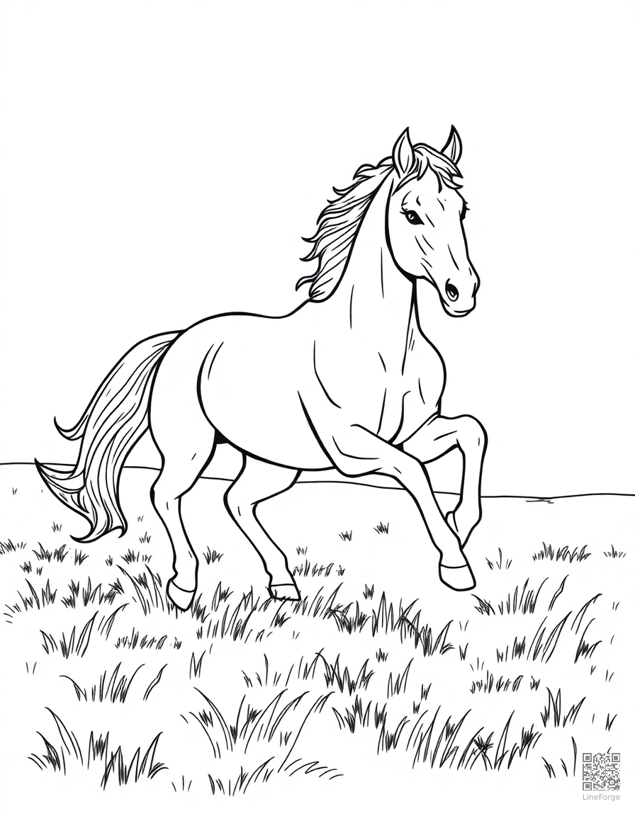 Horse galloping through a field coloring page Contour style - free printable