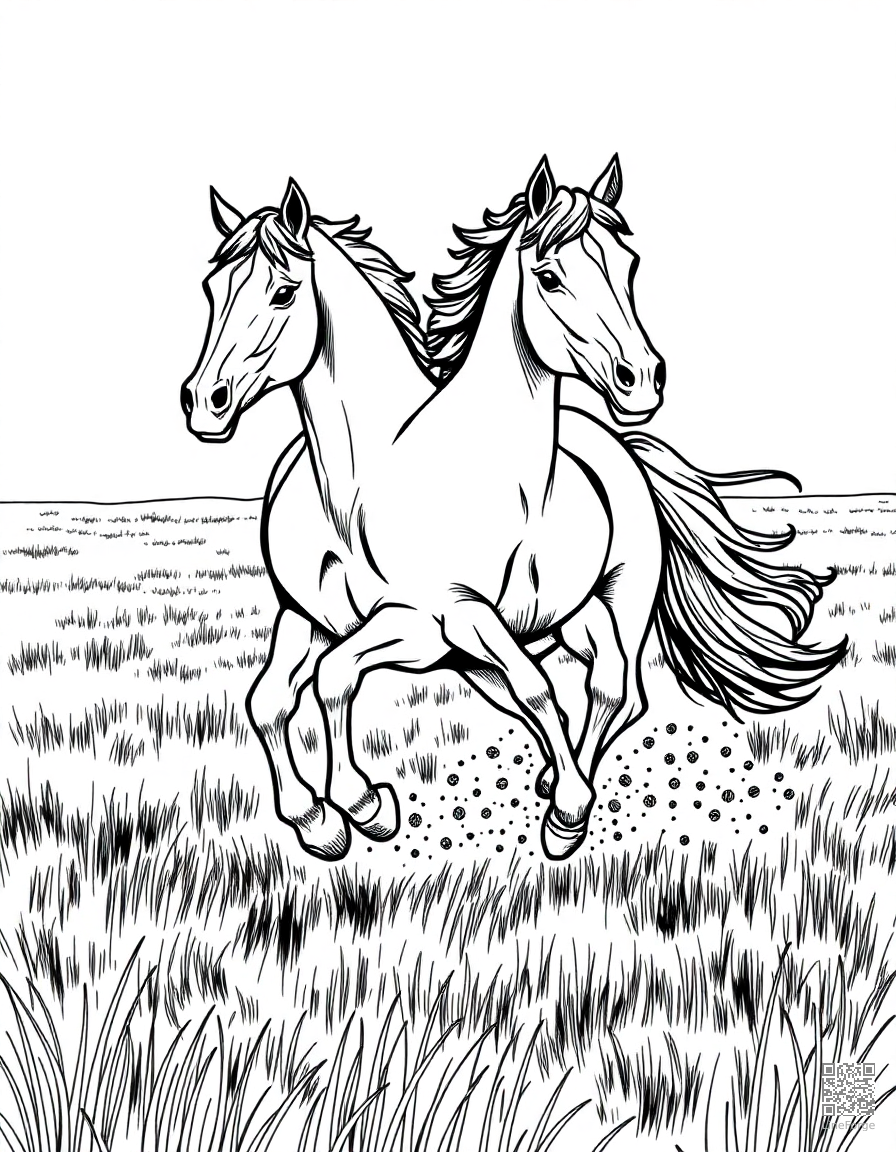 Horse galloping through a field coloring page Crosshatch style - free printable