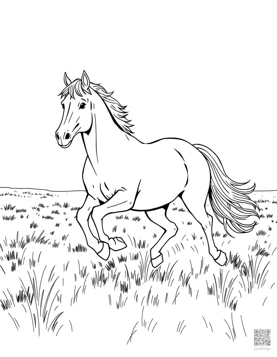 Horse galloping through a field coloring page Manga style - free printable
