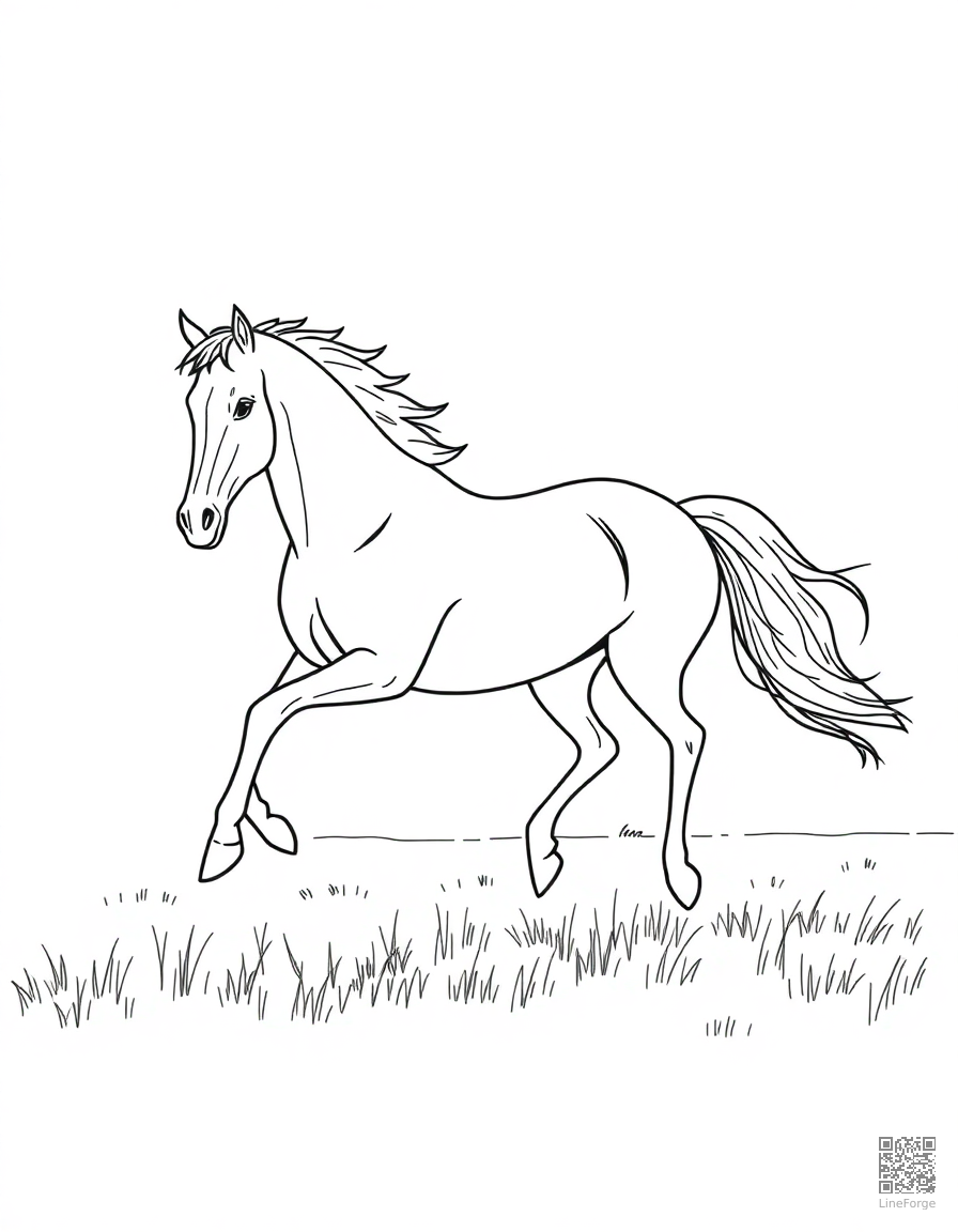 Horse galloping through a field coloring page Minimal style - free printable