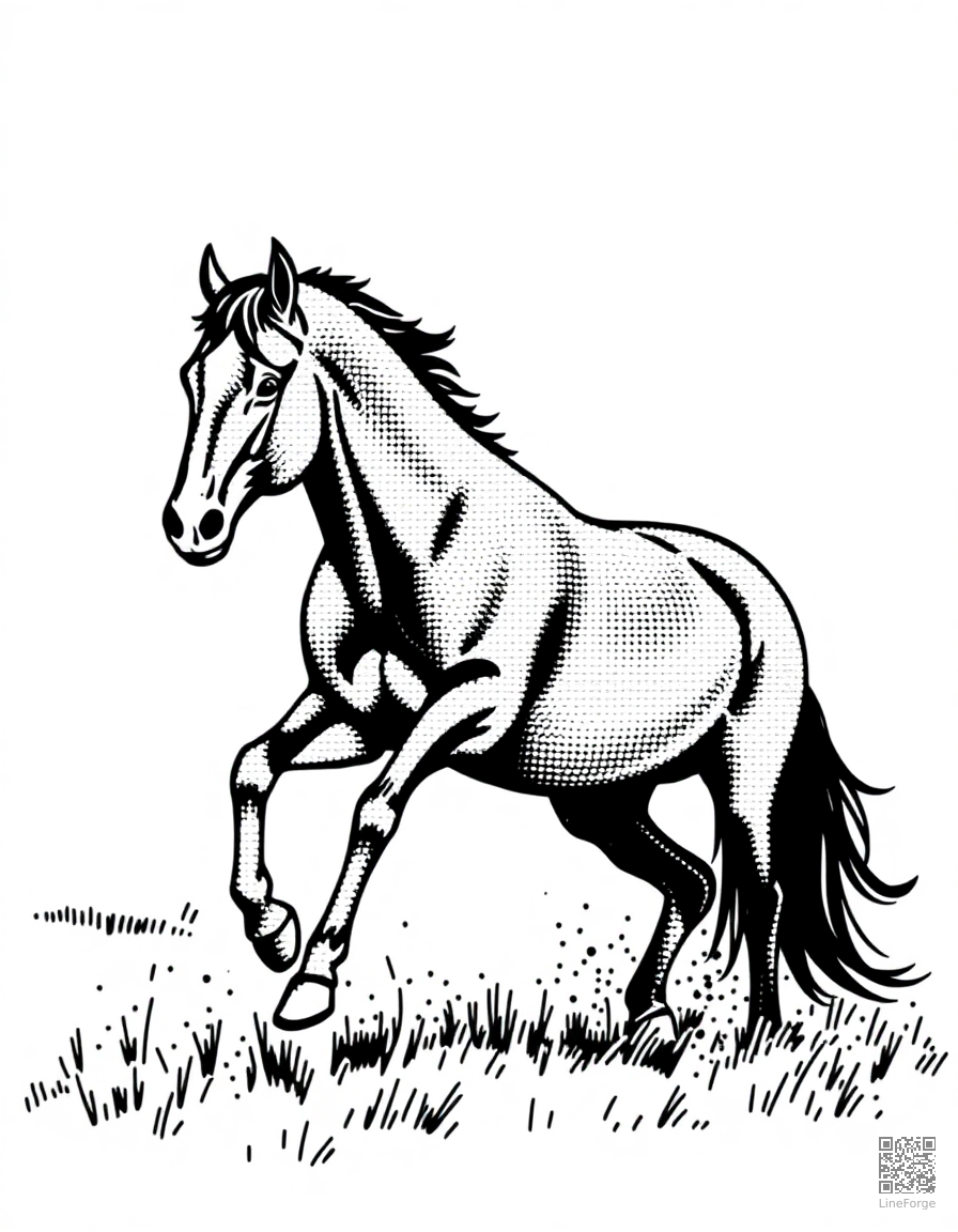 Horse galloping through a field coloring page Stipple style - free printable