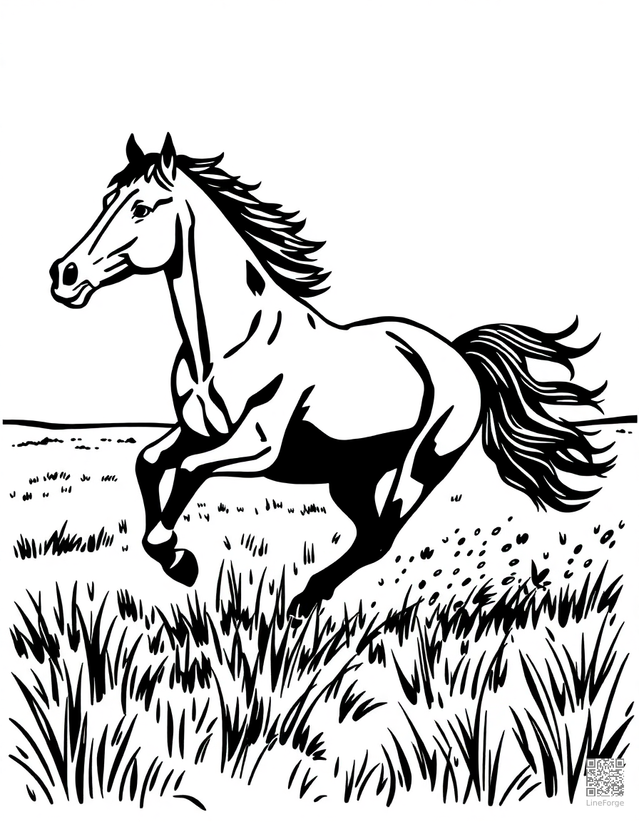 Horse galloping through a field coloring page Woodcut style - free printable