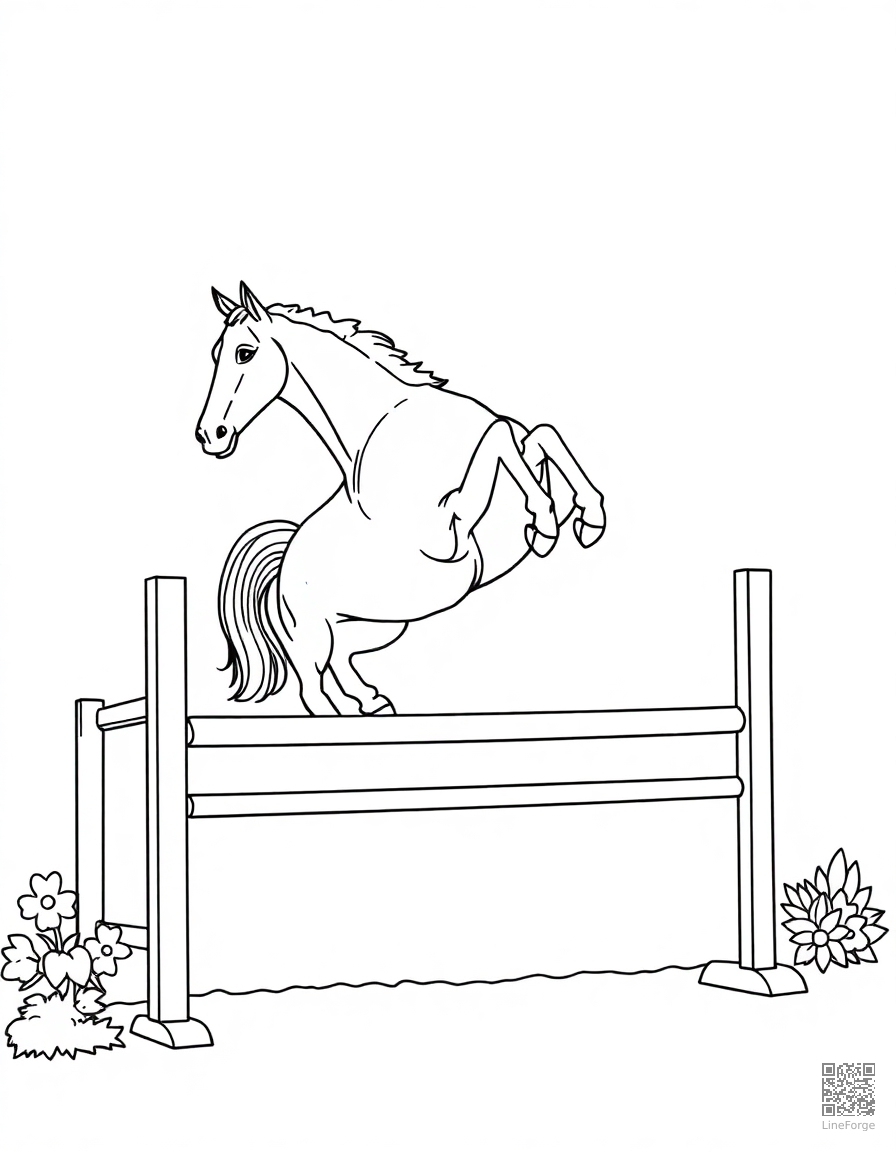 horse jumping over a show jumping fence coloring page Contour style - free printable
