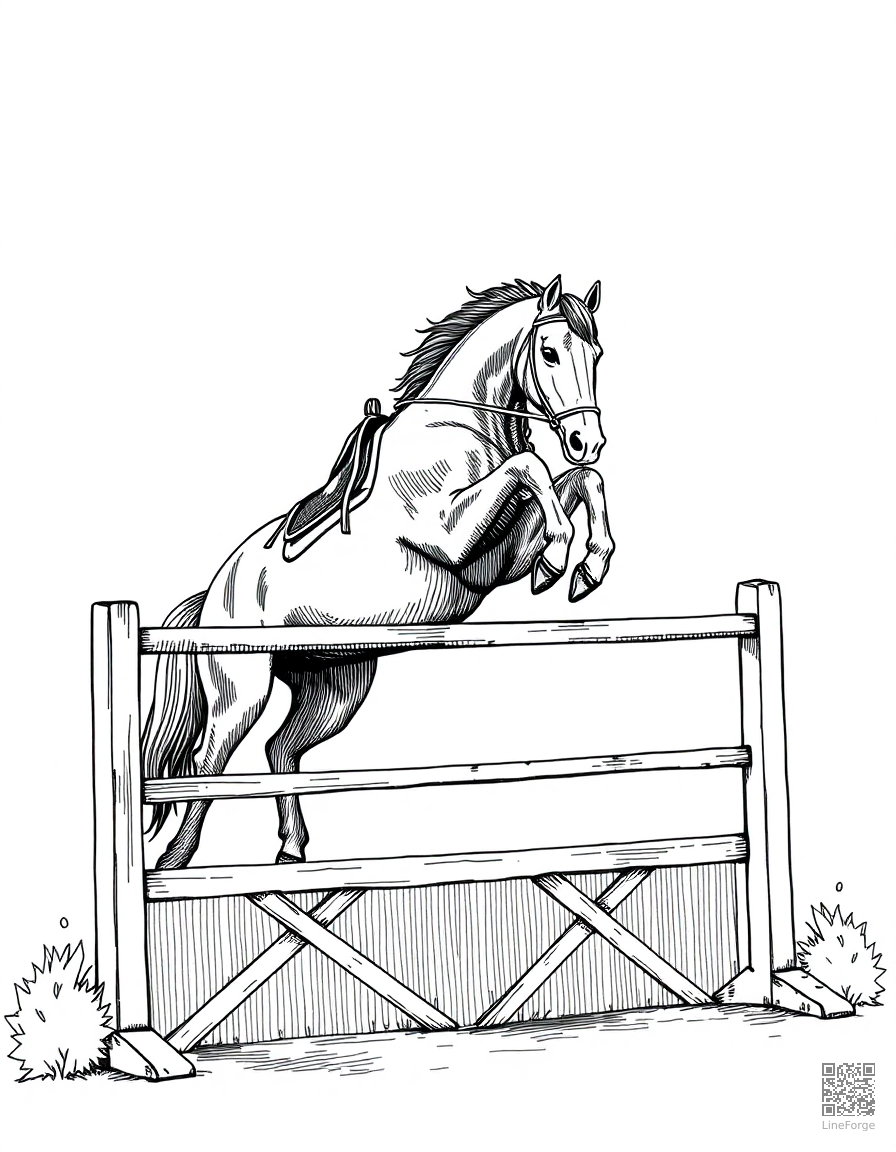 horse jumping over a show jumping fence coloring page Crosshatch style - free printable