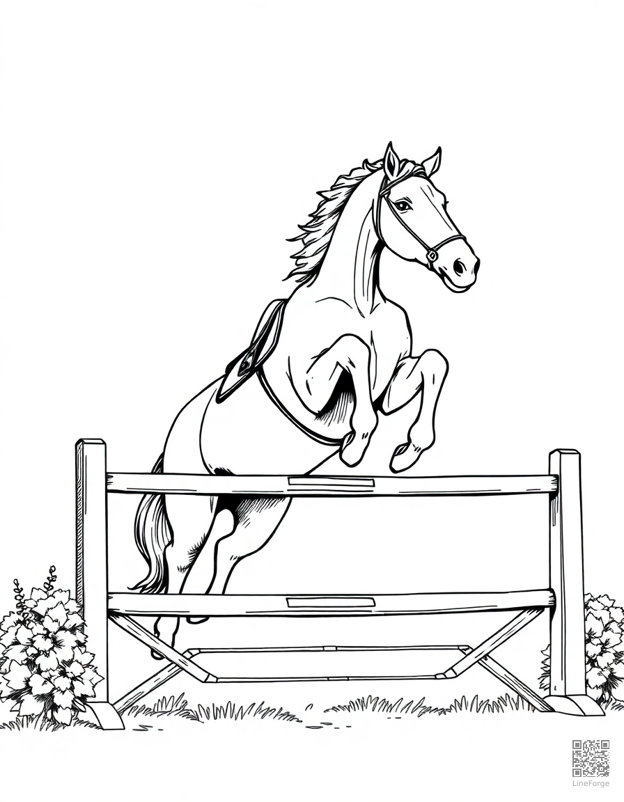 horse jumping over a show jumping fence coloring page Manga style - free printable