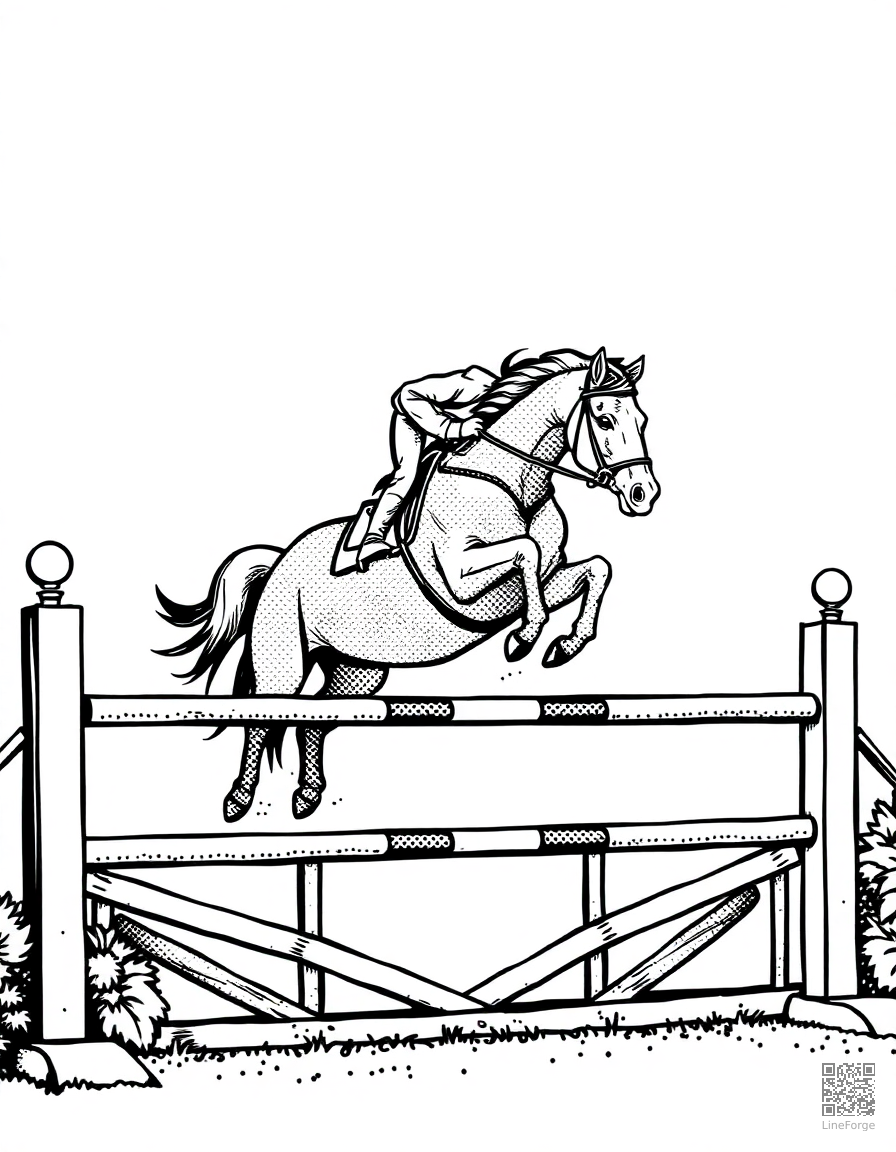 horse jumping over a show jumping fence coloring page Stipple style - free printable