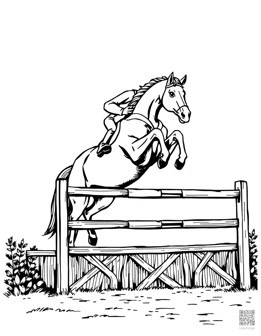horse jumping over a show jumping fence coloring page Woodcut style - free printable