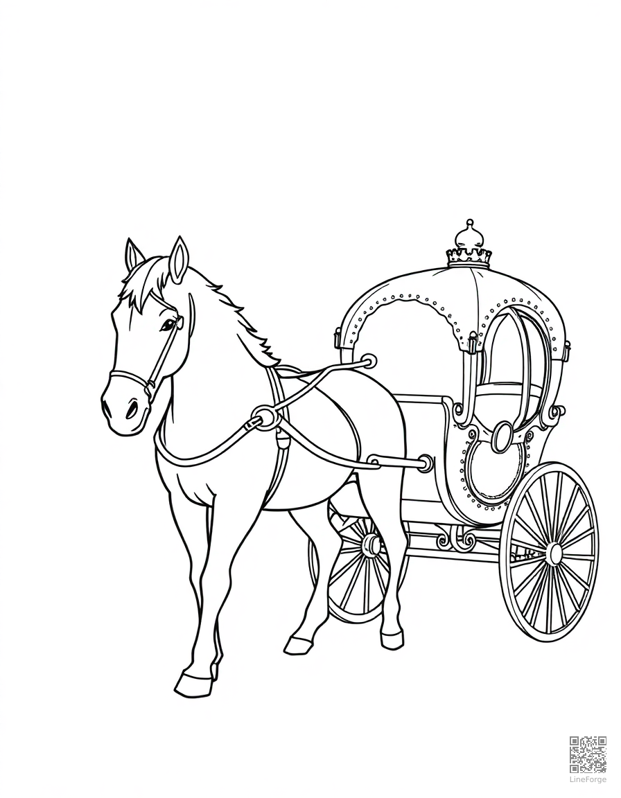 horse pulling a princess carriage coloring page Contour style - free printable