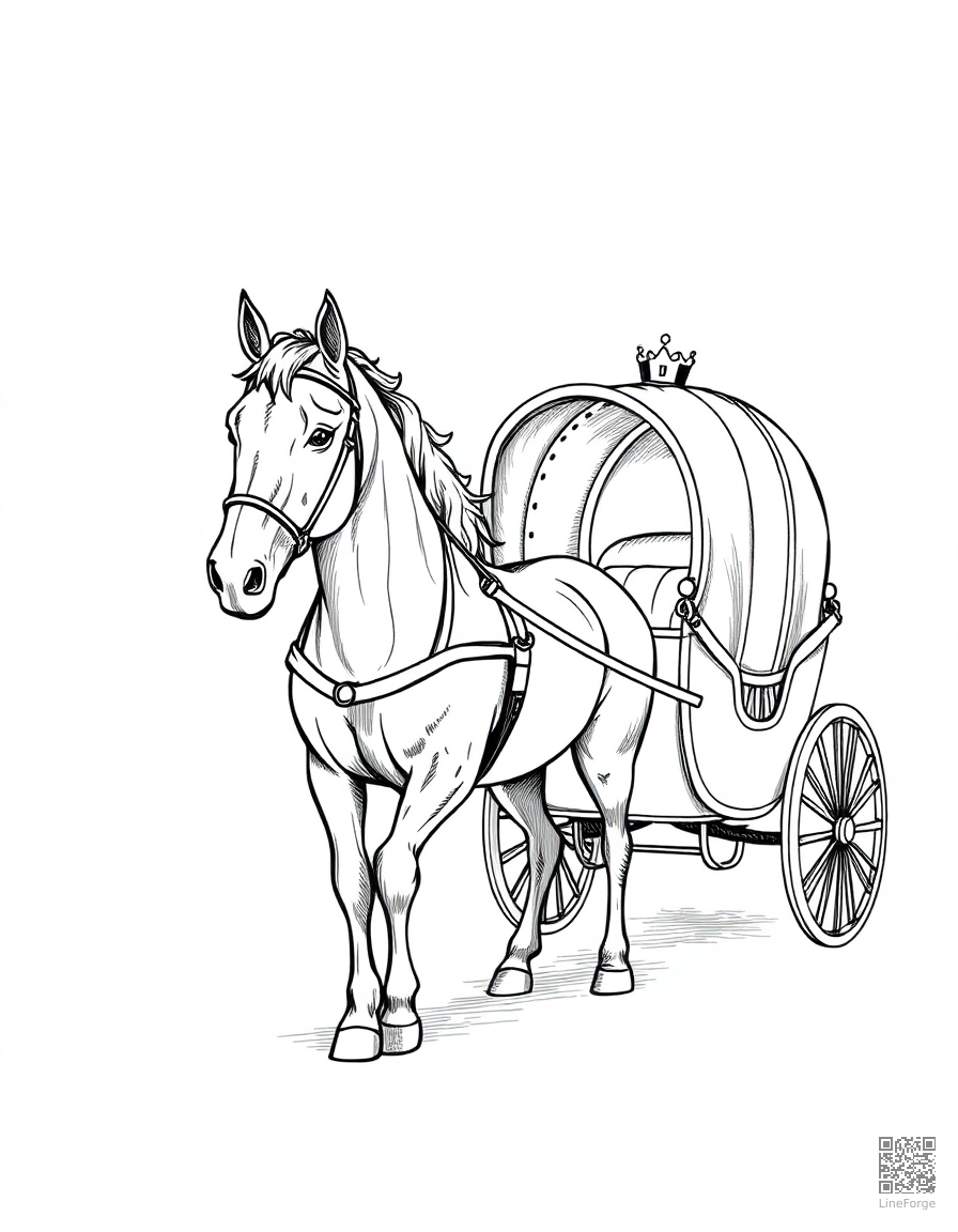 horse pulling a princess carriage coloring page Crosshatch style - free printable