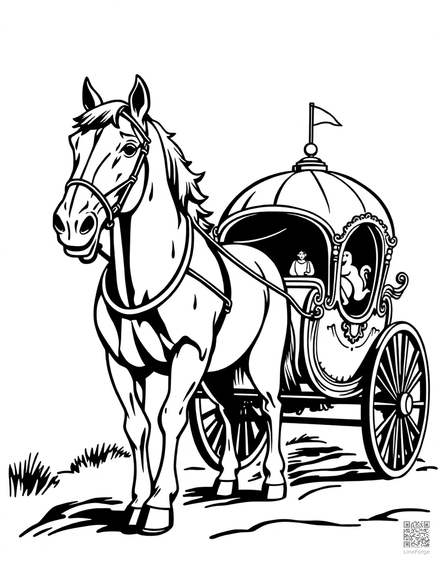 horse pulling a princess carriage coloring page Woodcut style - free printable