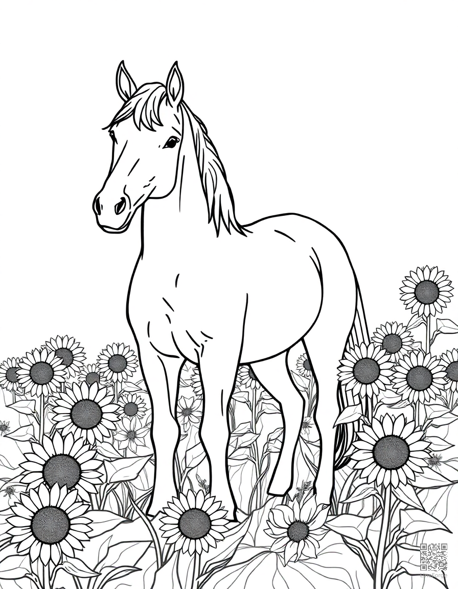 horse standing in a field of sunflowers coloring page Contour style - free printable