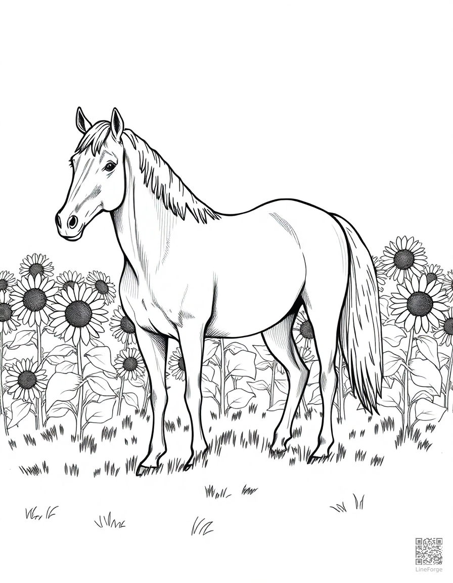 horse standing in a field of sunflowers coloring page Crosshatch style - free printable