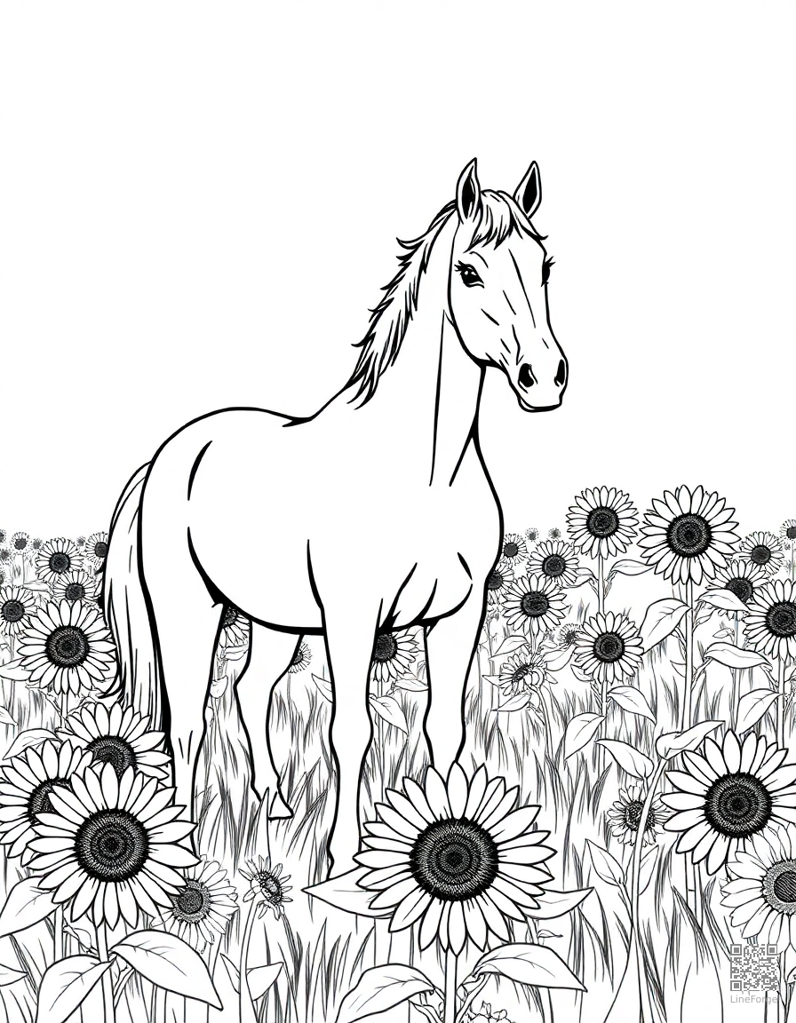 horse standing in a field of sunflowers coloring page Manga style - free printable