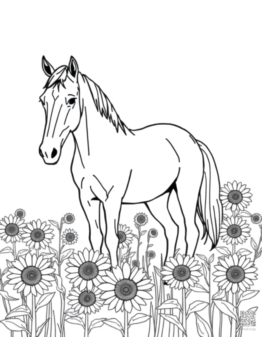 Free horse standing in a field of sunflowers coloring page in minimal style — printable line art