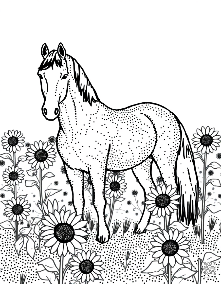 horse standing in a field of sunflowers coloring page Stipple style - free printable