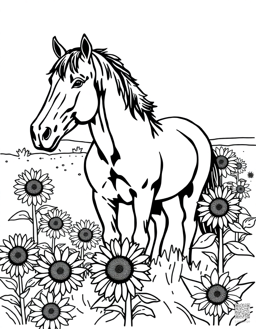 Free horse standing in a field of sunflowers coloring page in woodcut style — printable line art