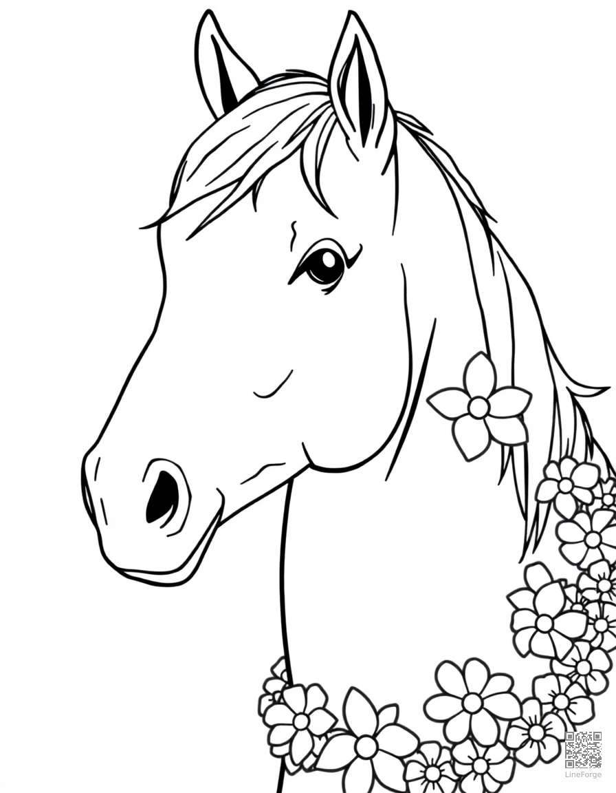 horse wearing a flower garland around its neck coloring page Contour style - free printable
