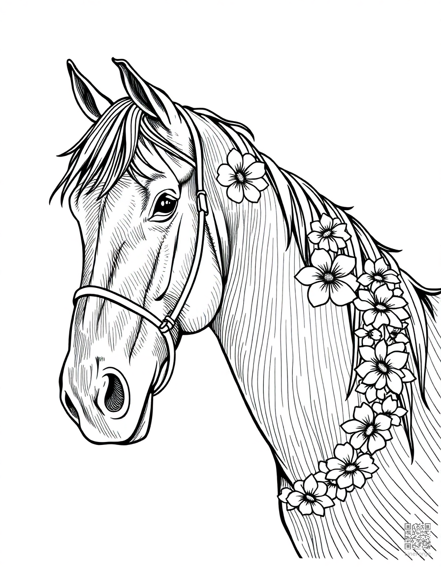 horse wearing a flower garland around its neck coloring page Crosshatch style - free printable