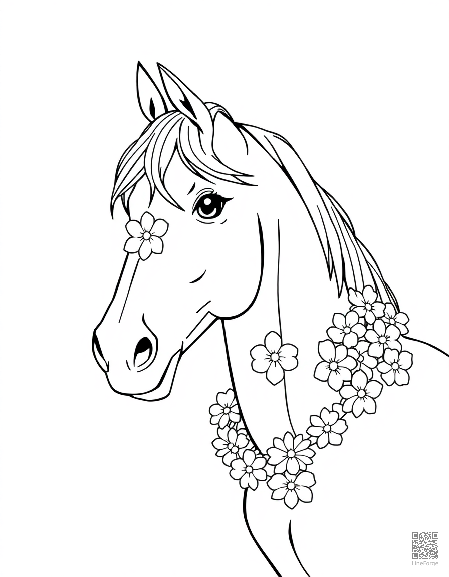 horse wearing a flower garland around its neck coloring page Manga style - free printable