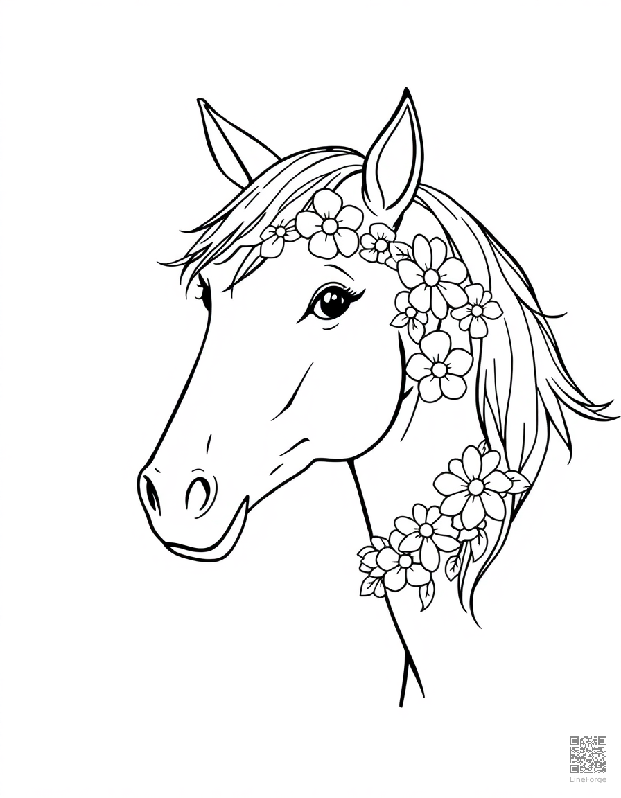 horse wearing a flower garland around its neck coloring page Minimal style - free printable