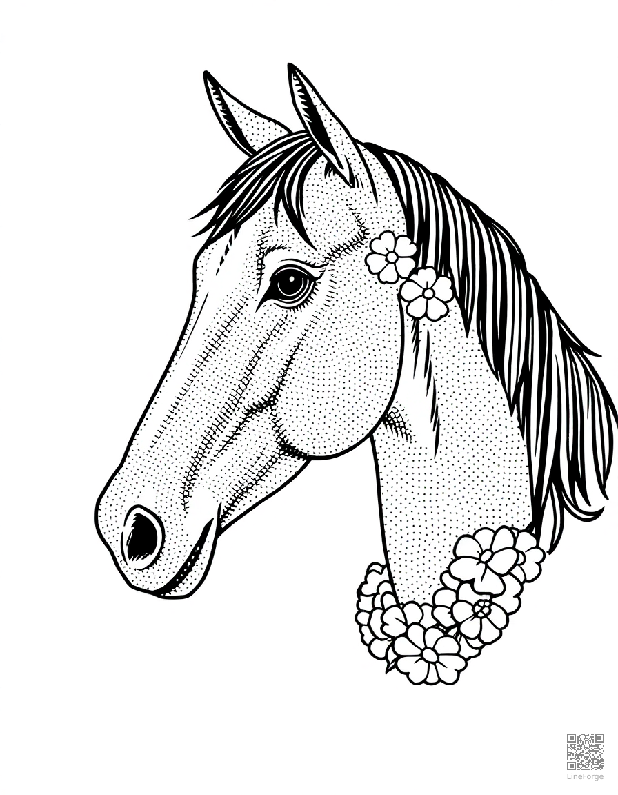 horse wearing a flower garland around its neck coloring page Stipple style - free printable