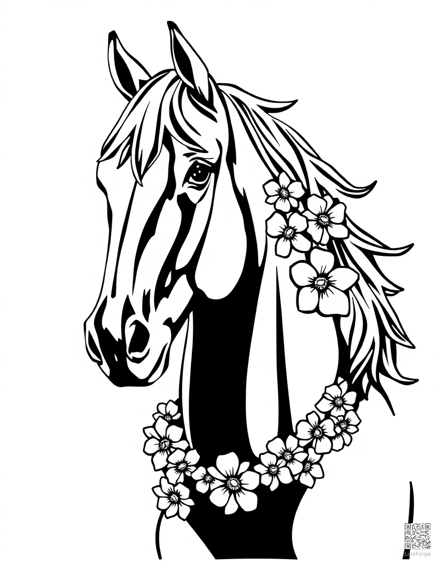 horse wearing a flower garland around its neck coloring page Woodcut style - free printable
