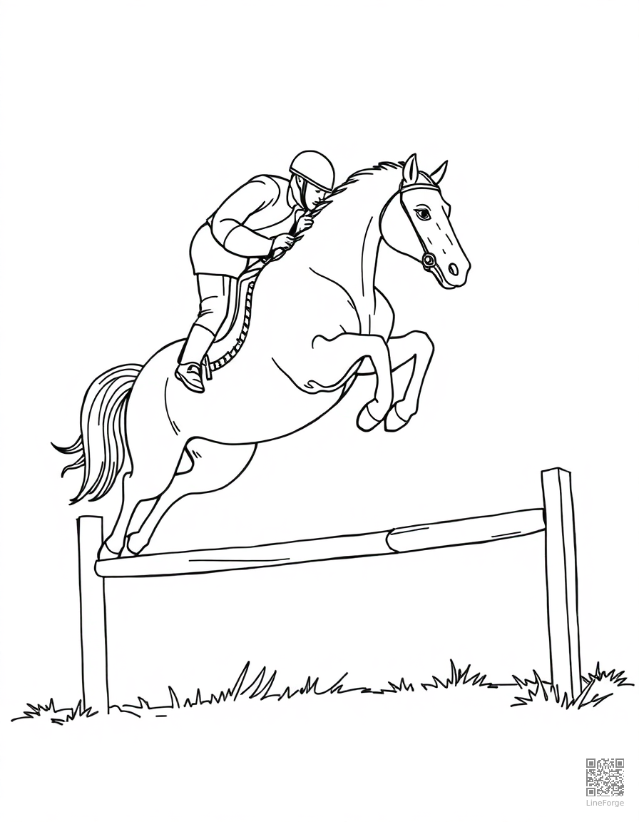 horseback jumping over an obstacle coloring page Contour style - free printable