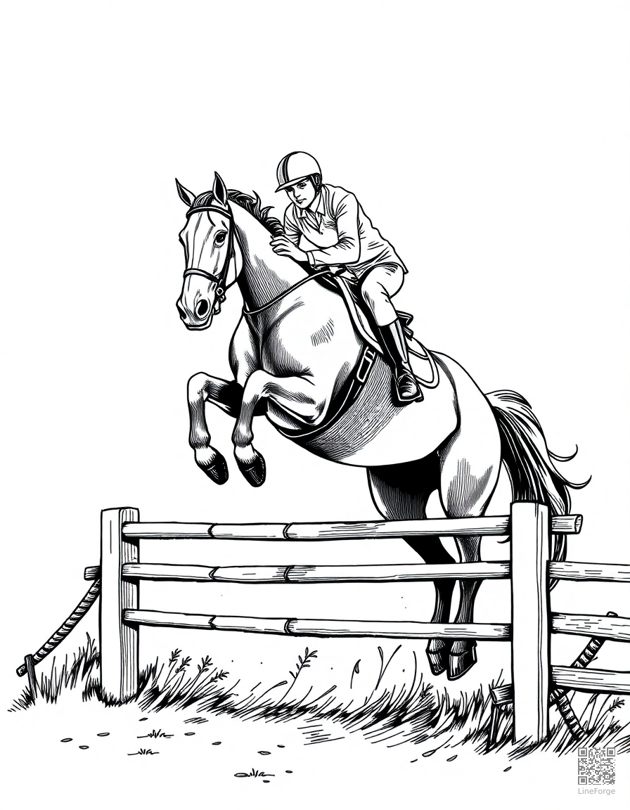 horseback jumping over an obstacle coloring page Crosshatch style - free printable