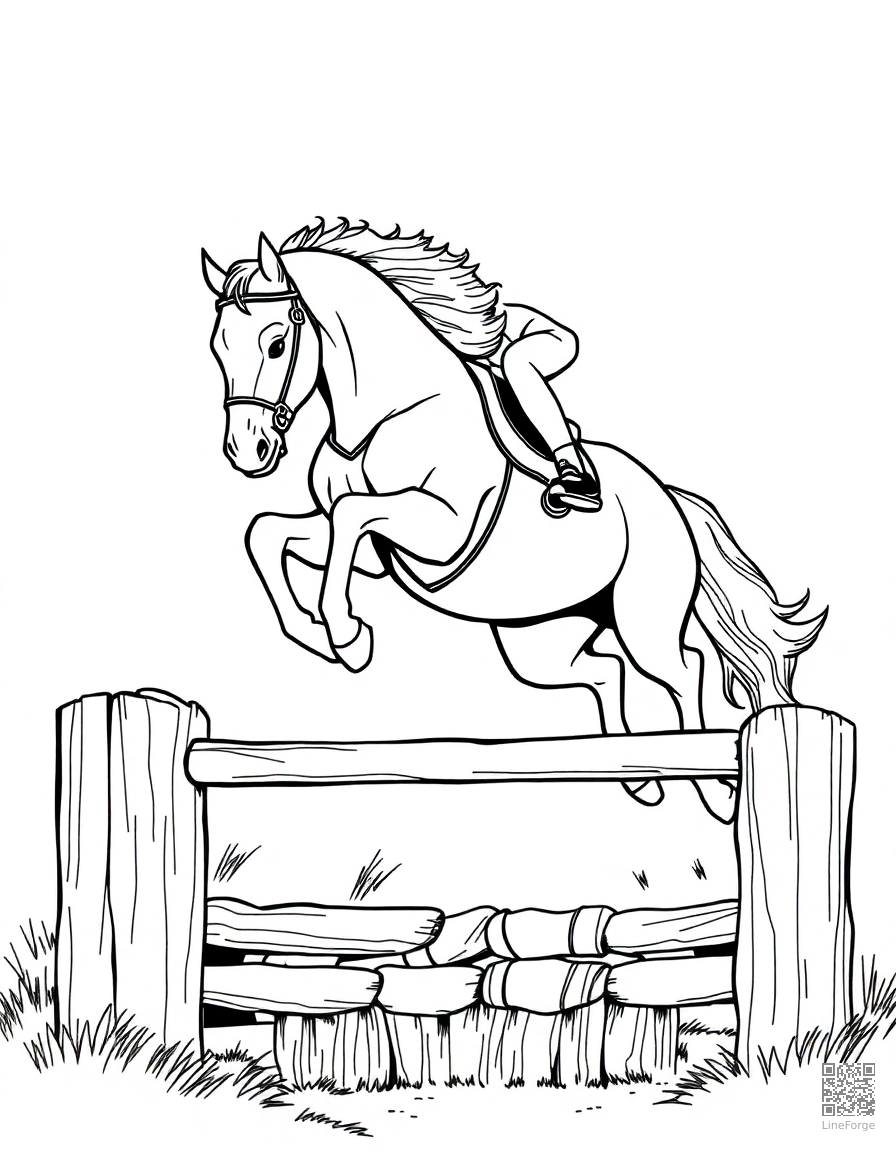 horseback jumping over an obstacle coloring page Manga style - free printable