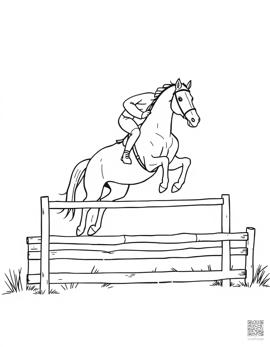 horseback jumping over an obstacle coloring page Minimal style - free printable