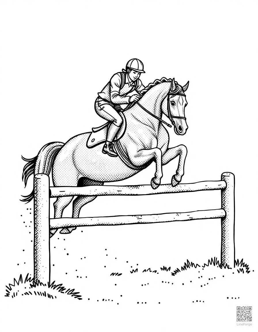 horseback jumping over an obstacle coloring page Stipple style - free printable