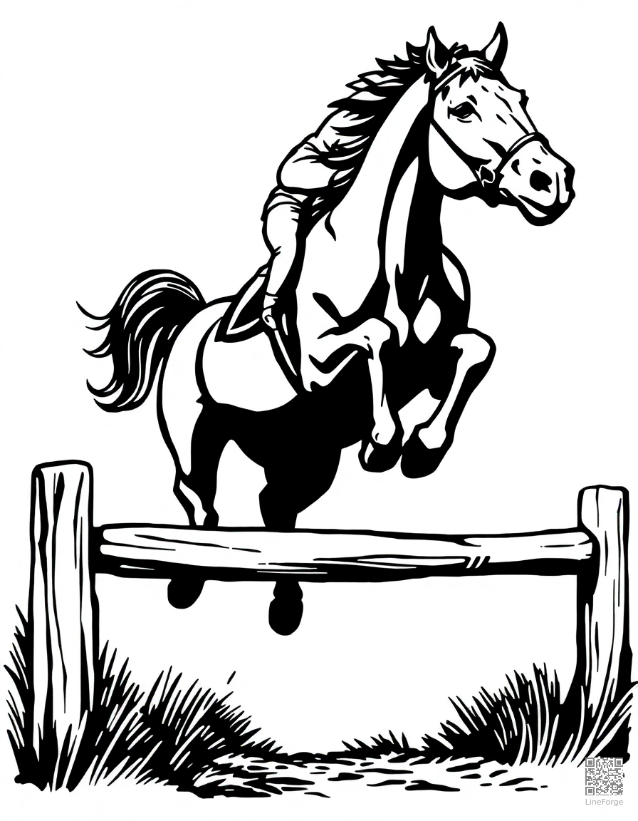 horseback jumping over an obstacle coloring page Woodcut style - free printable