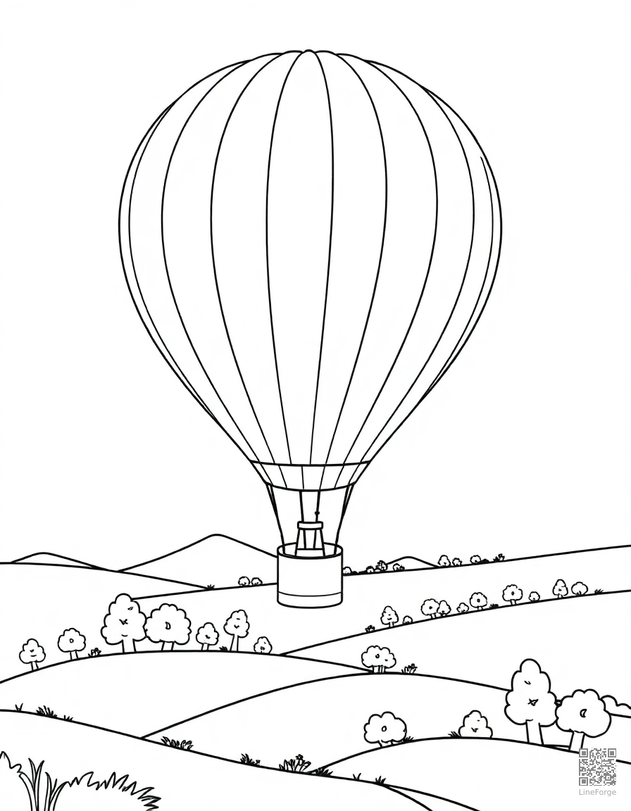 Free hot air balloon floating over countryside coloring page in contour style — printable line art