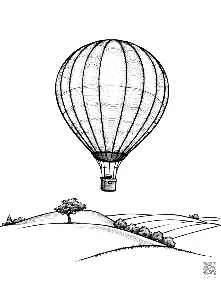 Free hot air balloon floating over countryside coloring page in crosshatch style — printable line art