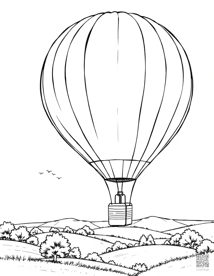 Free hot air balloon floating over countryside coloring page in manga style — printable line art