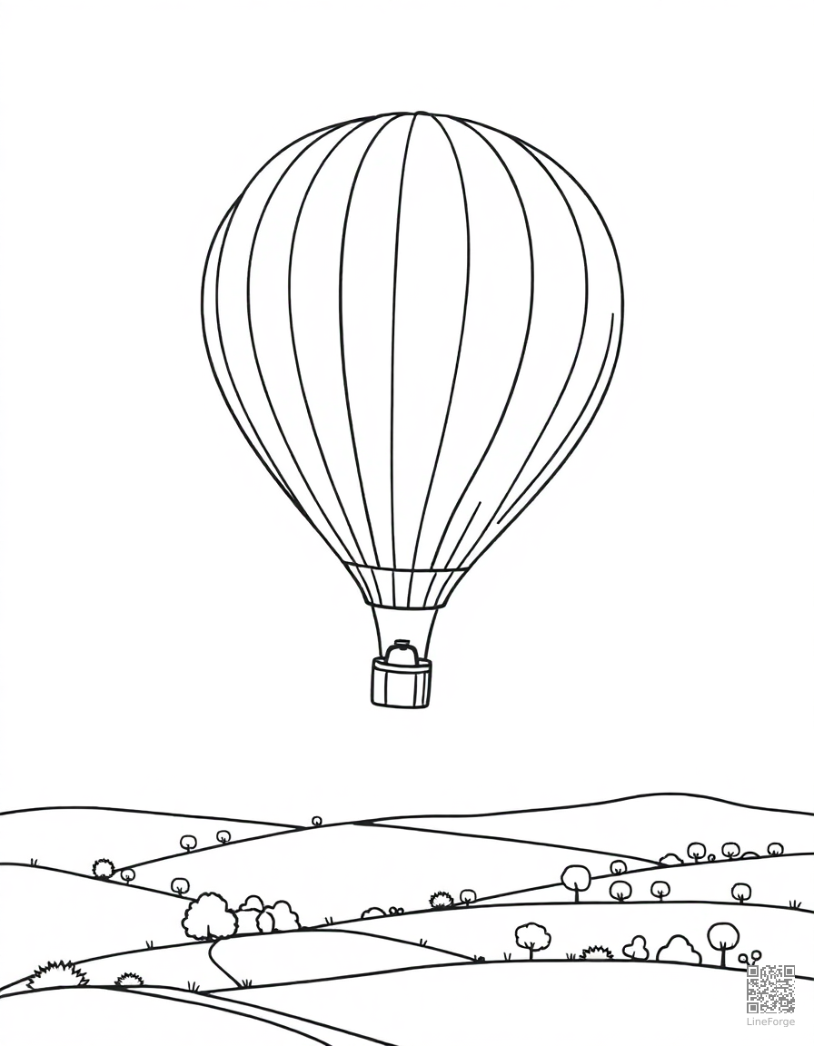 Free hot air balloon floating over countryside coloring page in minimal style — printable line art