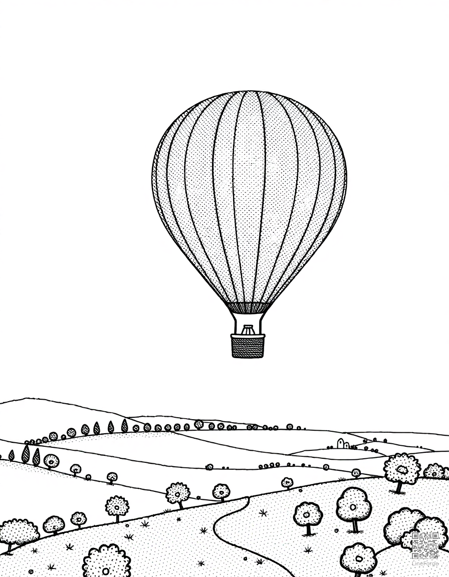 Free hot air balloon floating over countryside coloring page in stipple style — printable line art