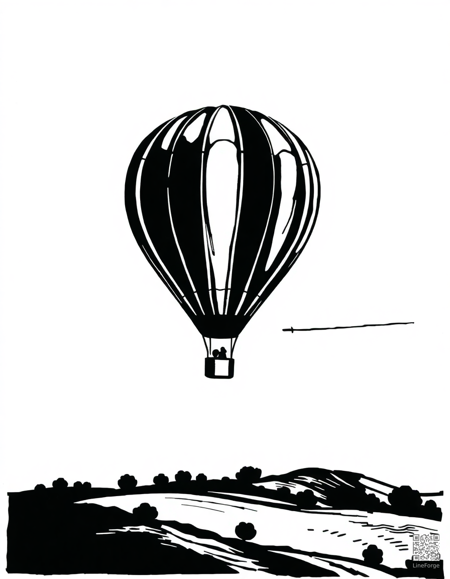 Free hot air balloon floating over countryside coloring page in woodcut style — printable line art