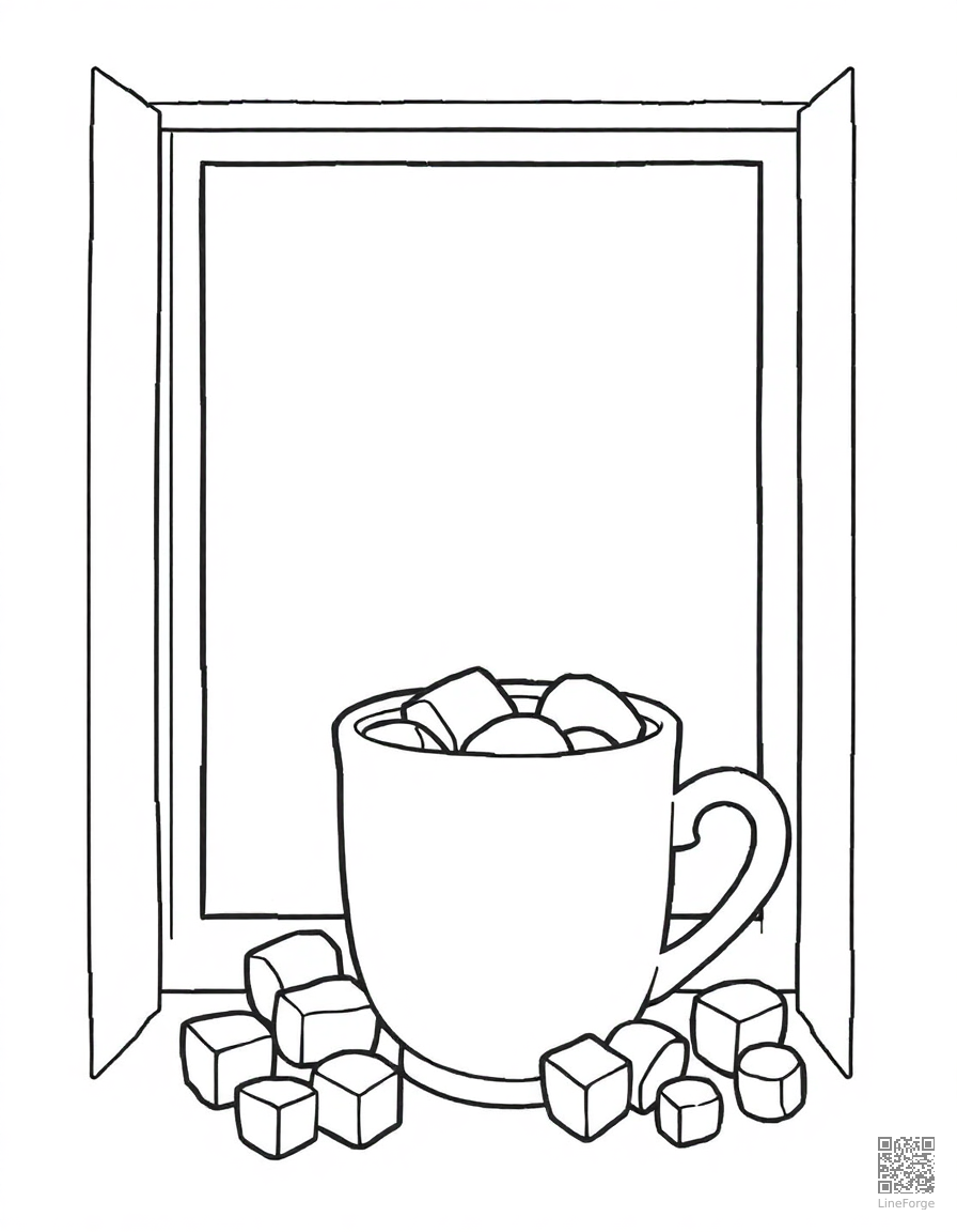 Free hot chocolate with marshmallows by a window coloring page in contour style — printable line art